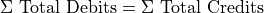 \Sigma \text{ Total Debits} = \Sigma \text{ Total Credits}